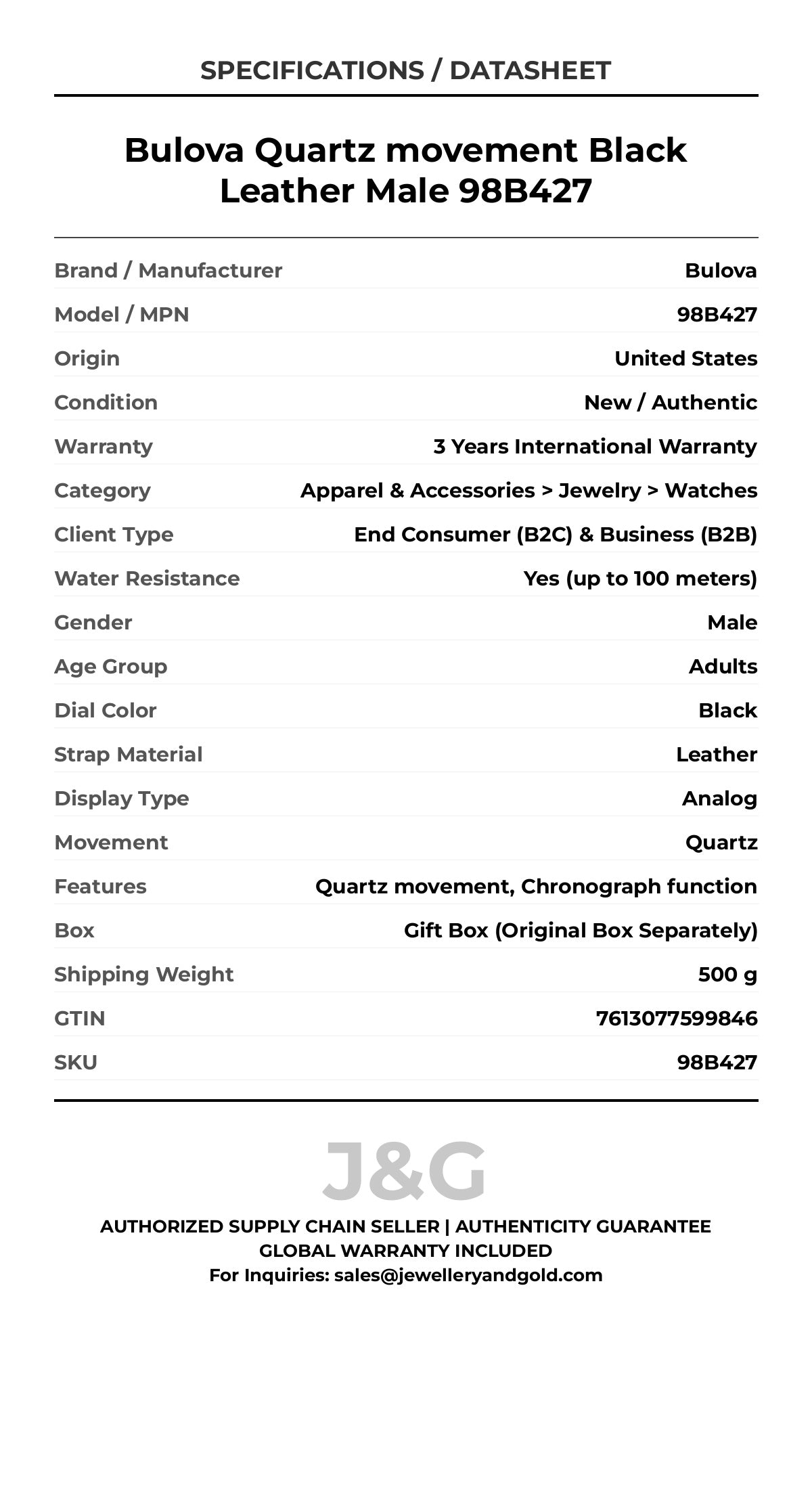 Bulova Quartz movement Black Leather Male 98B427 - Specifications