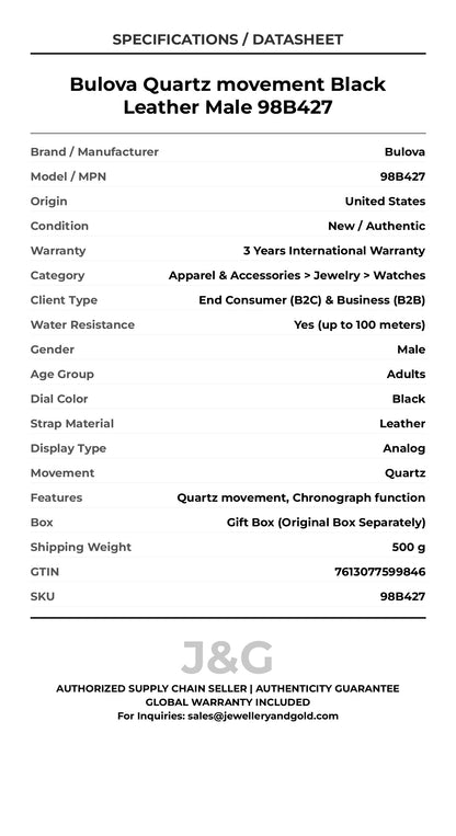 Bulova Quartz movement Black Leather Male 98B427 - Specifications