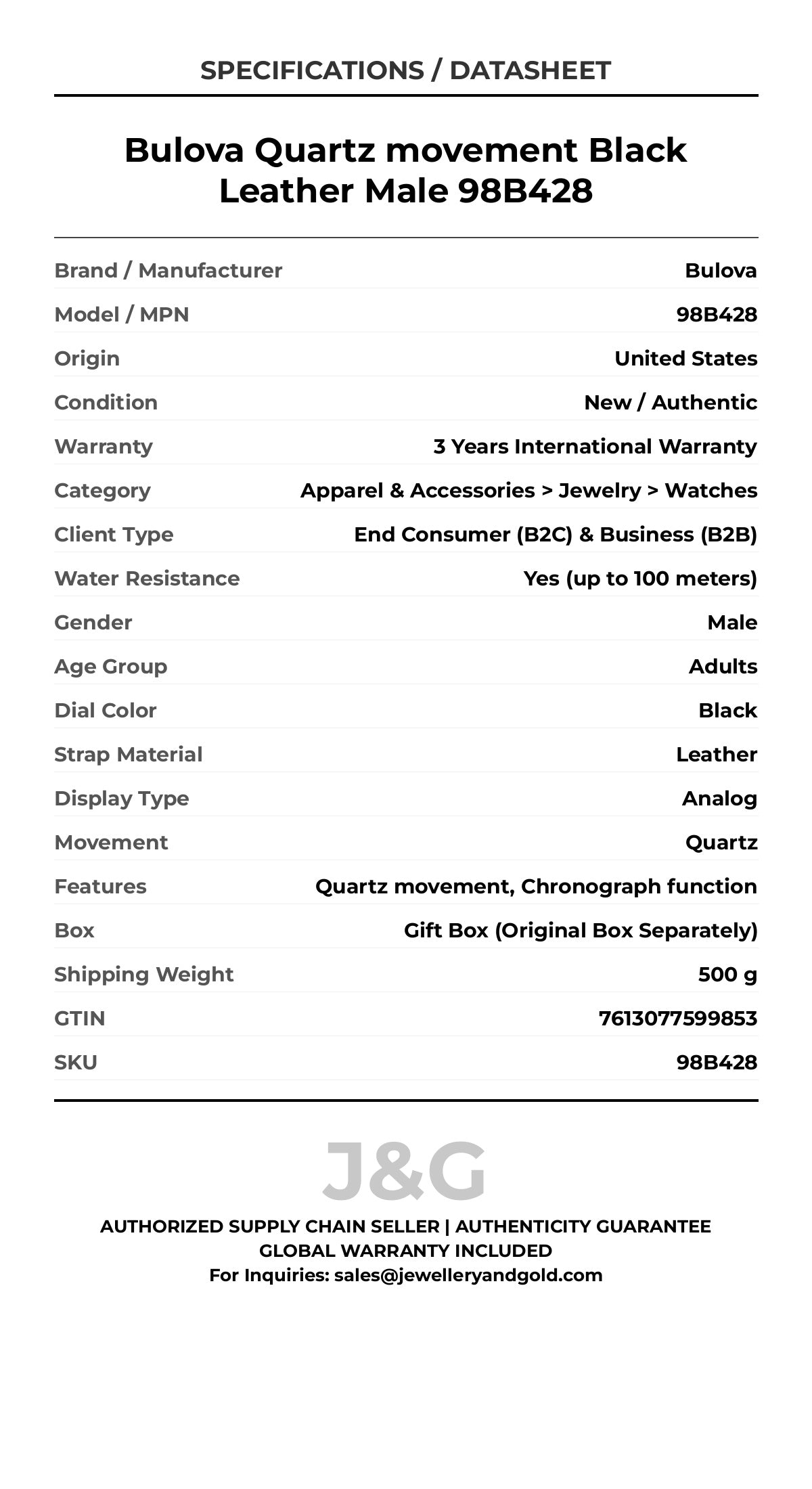 Bulova Quartz movement Black Leather Male 98B428 - Specifications