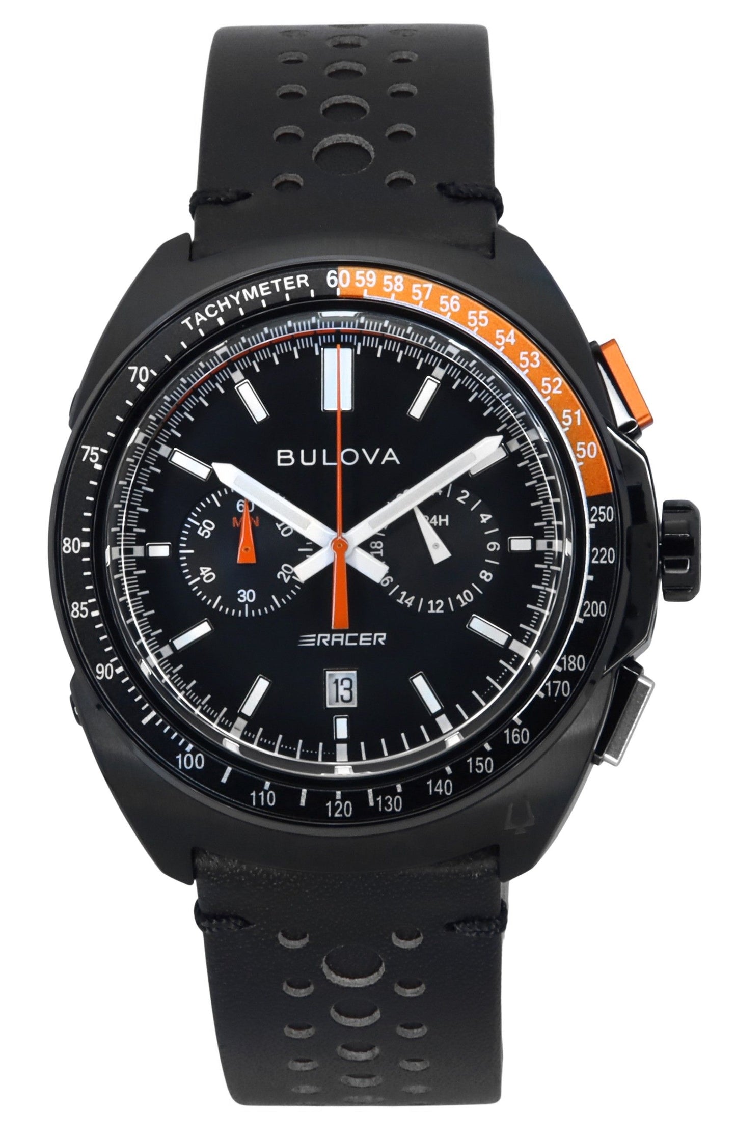 Bulova Quartz movement Black Leather Male 98B428. A brand-new Bulova watch featuring a Black dial and a Leather strap. Angled view.