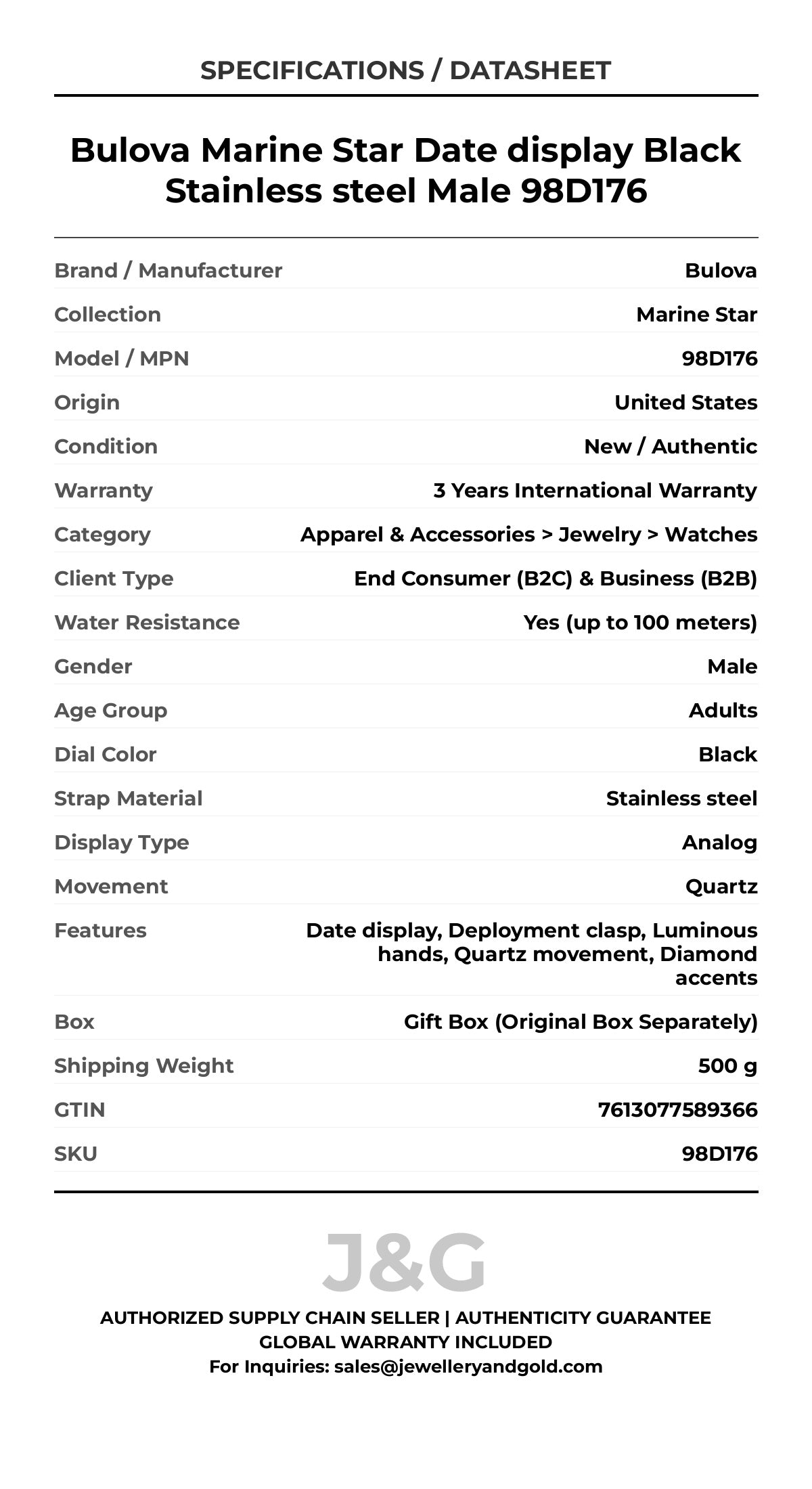 Bulova Marine Star Date display Black Stainless steel Male 98D176 - Specifications