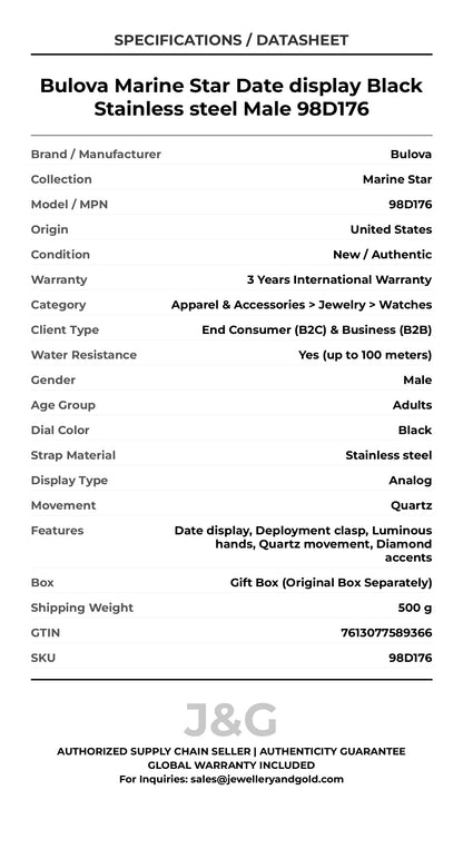 Bulova Marine Star Date display Black Stainless steel Male 98D176 - Specifications