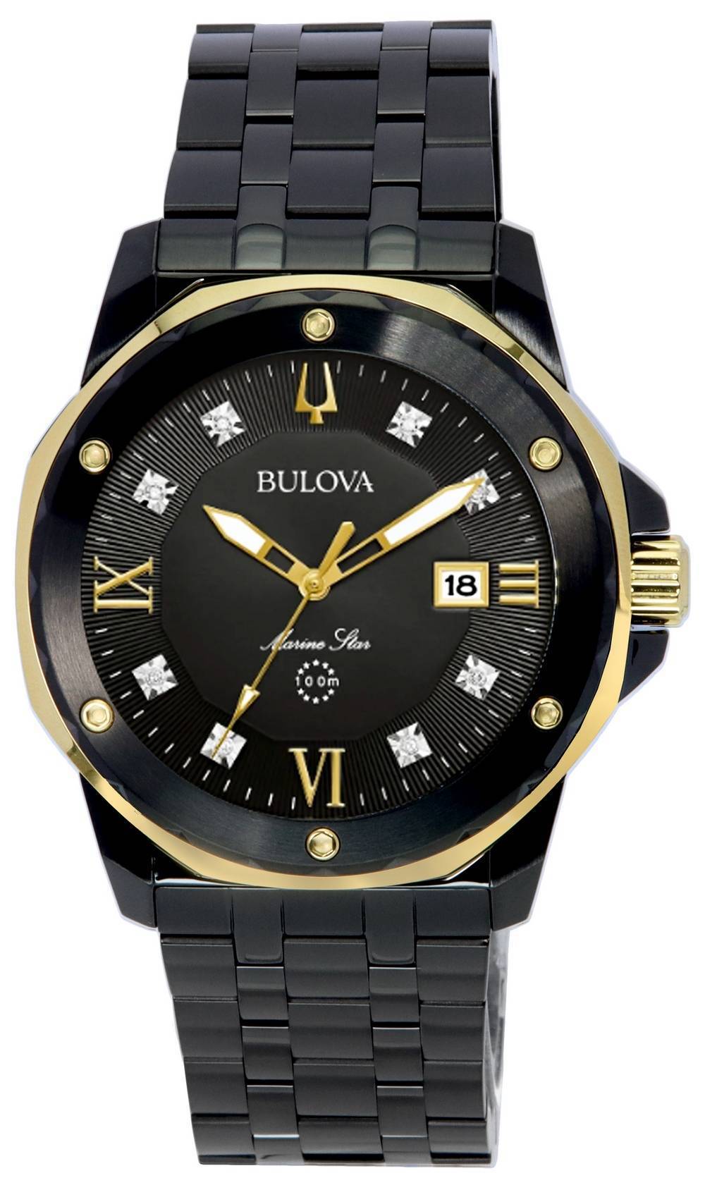 Bulova Marine Star Date display Black Stainless steel Male 98D176. A brand-new Bulova Marine Star watch featuring a Black dial and a Stainless steel strap. Front view.
