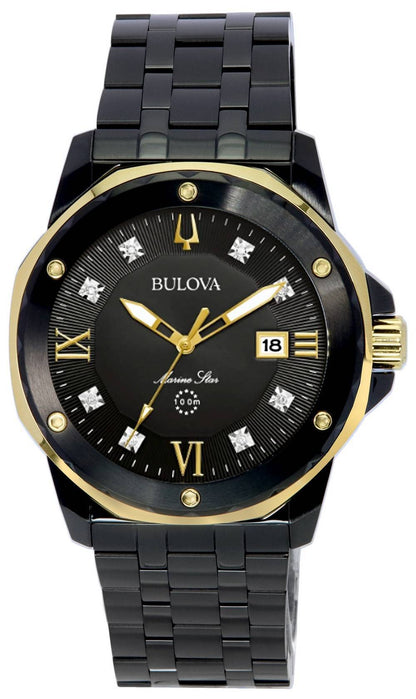 Bulova Marine Star Date display Black Stainless steel Male 98D176. A brand-new Bulova Marine Star watch featuring a Black dial and a Stainless steel strap. Front view.