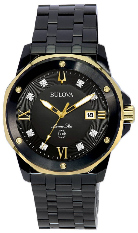 Bulova Marine Star Date display Black Stainless steel Male 98D176. A brand-new Bulova Marine Star watch featuring a Black dial and a Stainless steel strap. Front view.