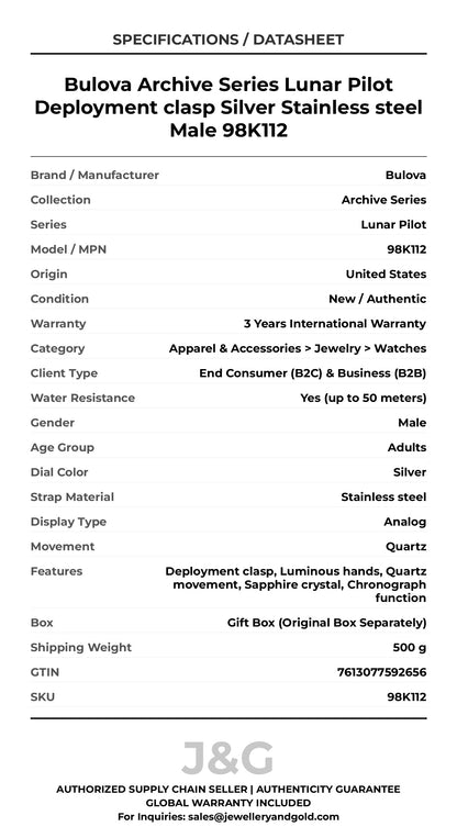 Bulova Archive Series Lunar Pilot Deployment clasp Silver Stainless steel Male 98K112 - Specifications