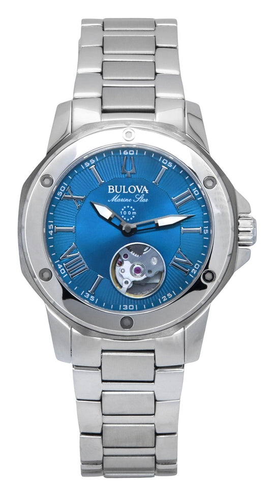 Bulova Marine Star Automatic movement Blue Stainless steel Female 98L317. A brand-new Bulova Marine Star watch featuring a Blue dial and a Stainless steel strap. Angled view.