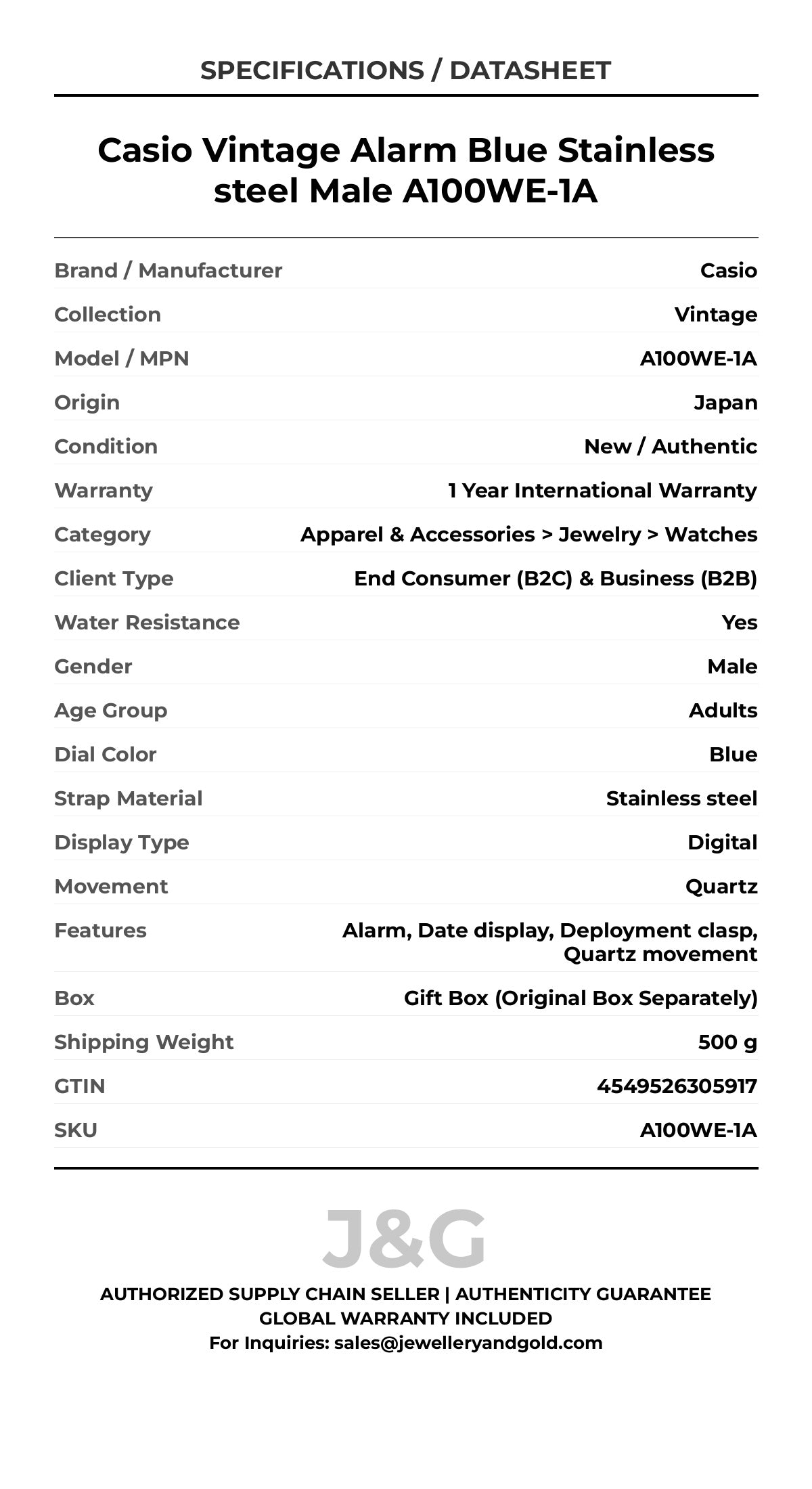Casio Vintage Alarm Blue Stainless steel Male A100WE-1A - Specifications