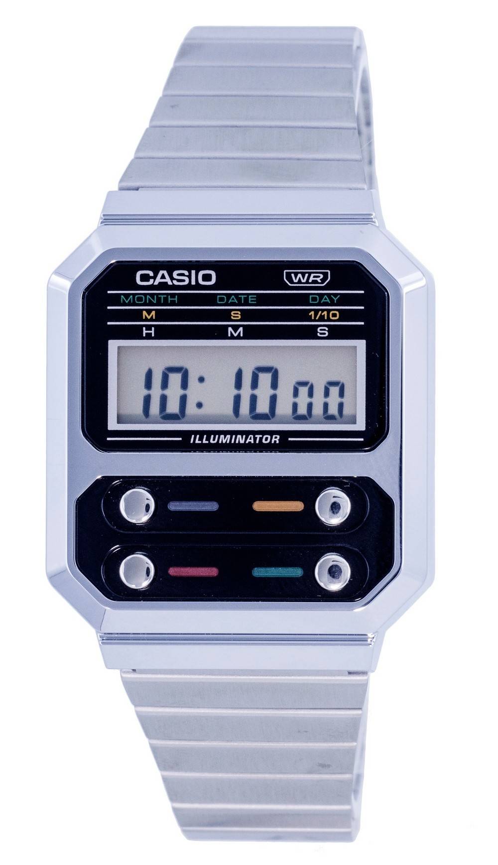 Casio Vintage Alarm Blue Stainless steel Male A100WE-1A. A brand-new Casio Vintage watch featuring a Blue dial and a Stainless steel strap. Side view.