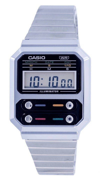 Casio Vintage Alarm Blue Stainless steel Male A100WE-1A. A brand-new Casio Vintage watch featuring a Blue dial and a Stainless steel strap. Side view.