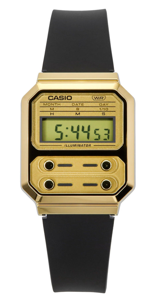 Casio Vintage Alarm Black Male A100WEFG-9A. A brand-new Casio Vintage watch featuring a Black dial. Front view.