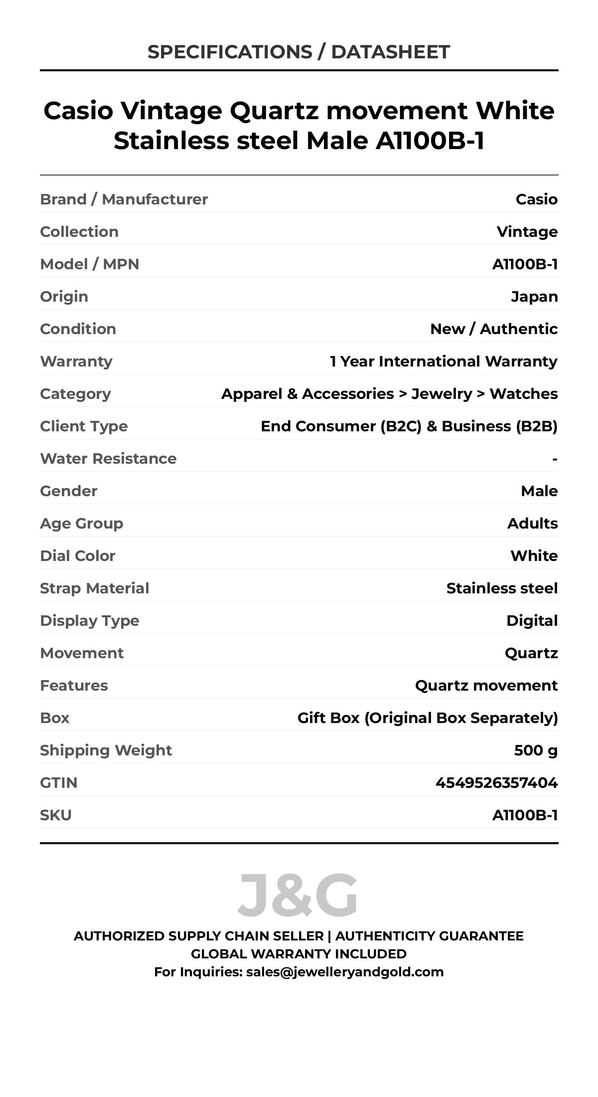 Casio Vintage Quartz movement White Stainless steel Male A1100B-1 - Specifications