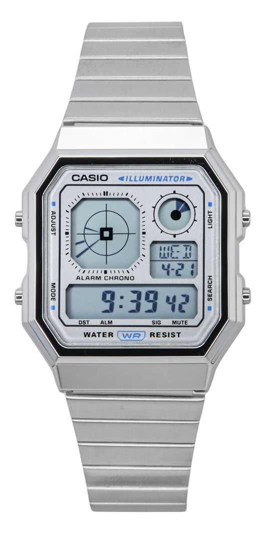 Casio Vintage Alarm White Stainless steel Male A130WE-7A. A brand-new Casio Vintage watch featuring a White dial and a Stainless steel strap. Side view.