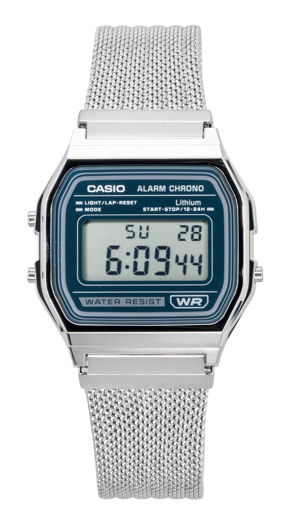 Casio Vintage Digital Stainless Steel Mesh Bracelet Quartz. A brand-new Casio Vintage watch featuring a N/A dial and a Stainless steel strap. Front view.