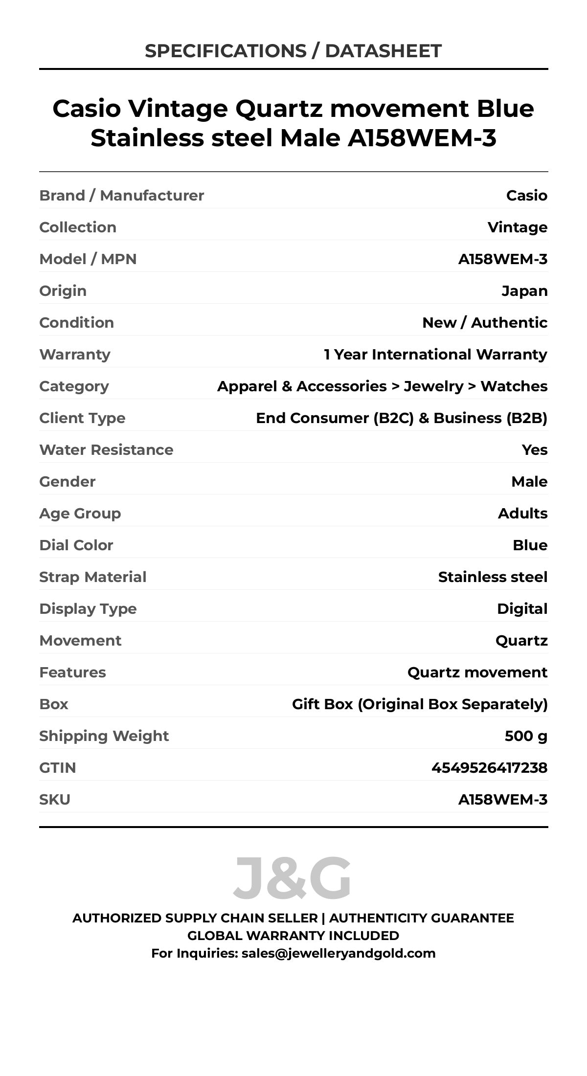 Casio Vintage Quartz movement Blue Stainless steel Male A158WEM-3 - Specifications