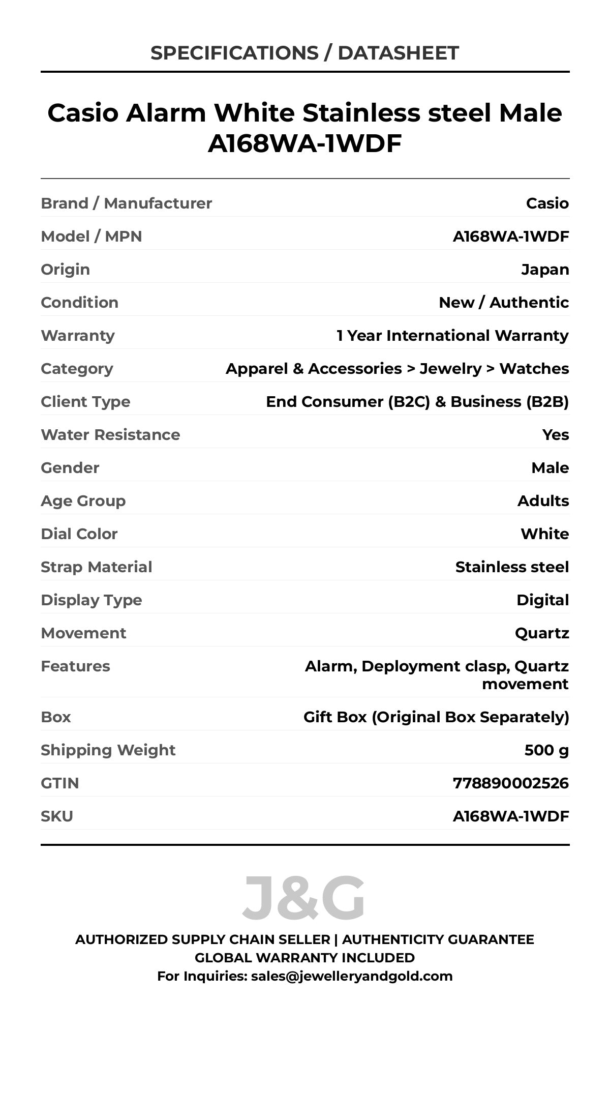 Casio Alarm White Stainless steel Male A168WA-1WDF - Specifications