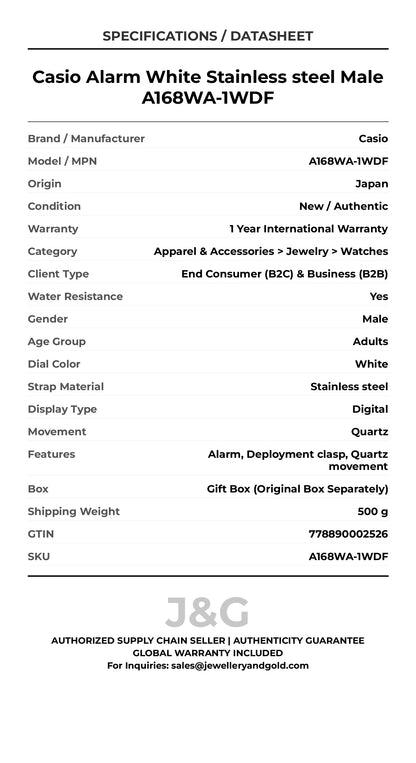 Casio Alarm White Stainless steel Male A168WA-1WDF - Specifications