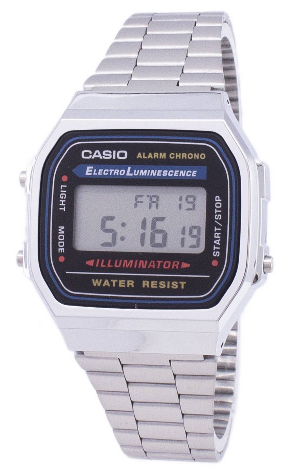 Casio Alarm White Stainless steel Male A168WA-1WDF. A brand-new Casio watch featuring a White dial and a Stainless steel strap. Front view.
