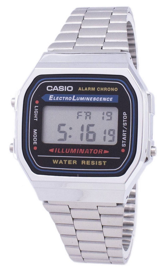 Casio Alarm White Stainless steel Male A168WA-1WDF. A brand-new Casio watch featuring a White dial and a Stainless steel strap. Front view.