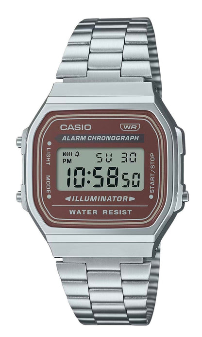 Casio Vintage Quartz movement Black Stainless steel Male A168WA-5A. A brand-new Casio Vintage watch featuring a Black dial and a Stainless steel strap. Front view.