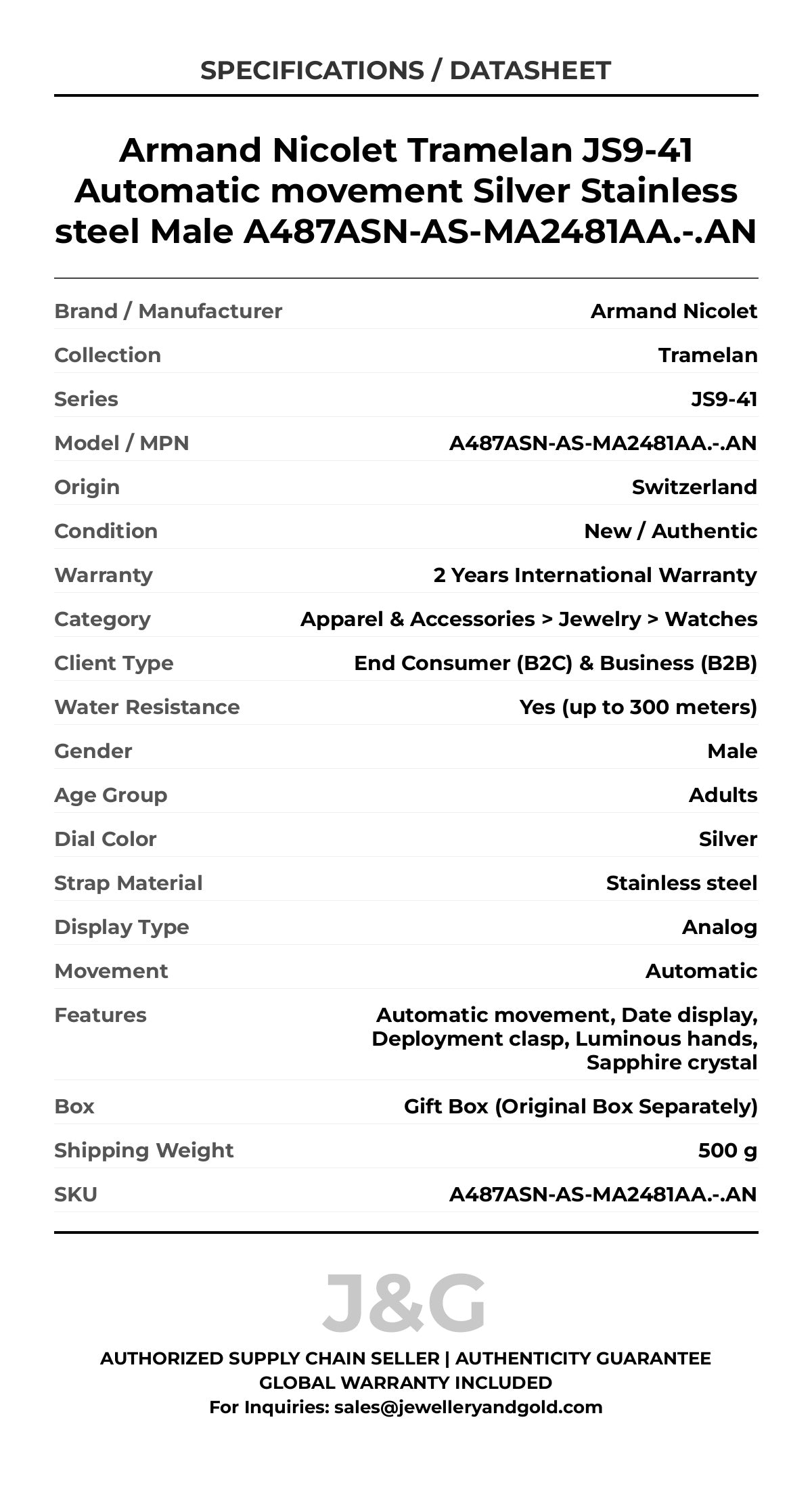 Armand Nicolet Tramelan JS9-41 Automatic movement Silver Stainless steel Male A487ASN-AS-MA2481AA.-.AN - Specifications
