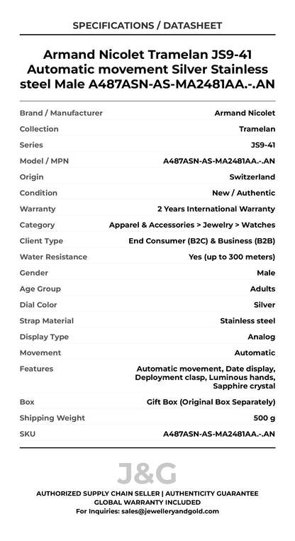 Armand Nicolet Tramelan JS9-41 Automatic movement Silver Stainless steel Male A487ASN-AS-MA2481AA.-.AN - Specifications