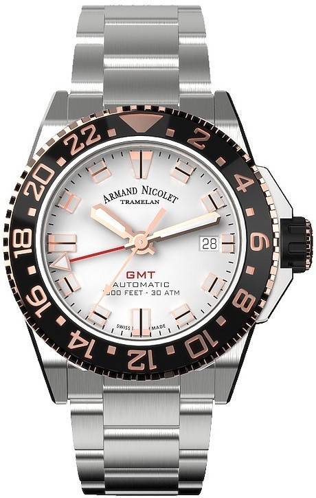 Armand Nicolet Tramelan JS9-41 Automatic movement Silver Stainless steel Male A487ASN-AS-MA2481AA.-.AN. A brand-new Armand Nicolet Tramelan watch featuring a Silver dial and a Stainless steel strap. Side view.