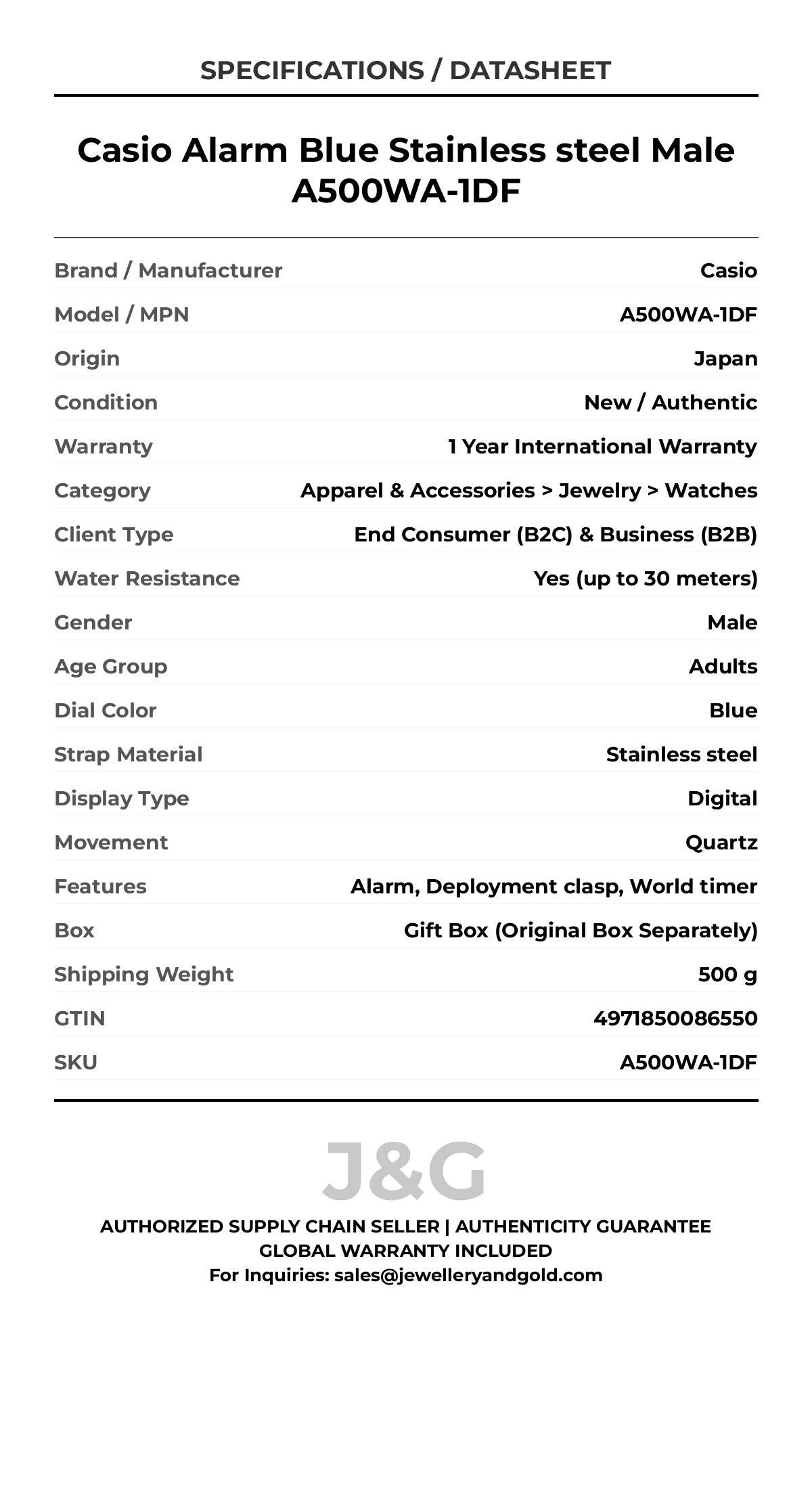 Casio Alarm Blue Stainless steel Male A500WA-1DF - Specifications