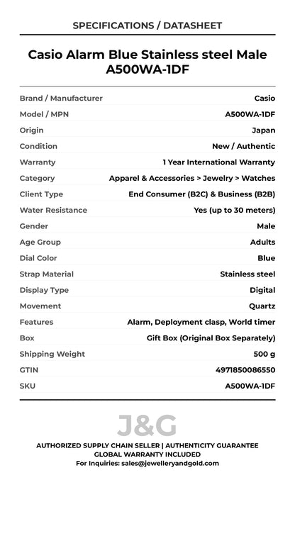 Casio Alarm Blue Stainless steel Male A500WA-1DF - Specifications