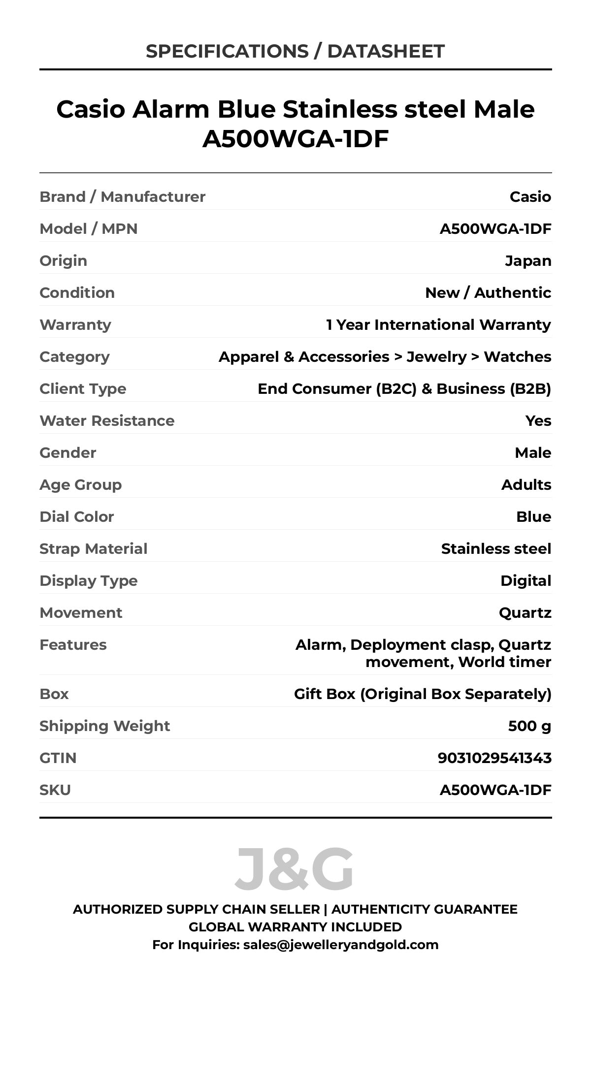 Casio Alarm Blue Stainless steel Male A500WGA-1DF - Specifications