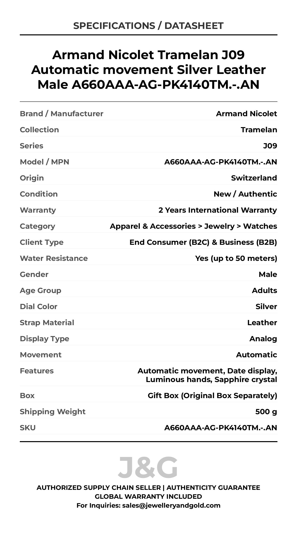 Armand Nicolet Tramelan J09 Automatic movement Silver Leather Male A660AAA-AG-PK4140TM.-.AN - Specifications