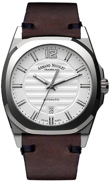 Armand Nicolet Tramelan J09 Automatic movement Silver Leather Male A660AAA-AG-PK4140TM.-.AN. A brand-new Armand Nicolet Tramelan watch featuring a Silver dial and a Leather strap. Front view.