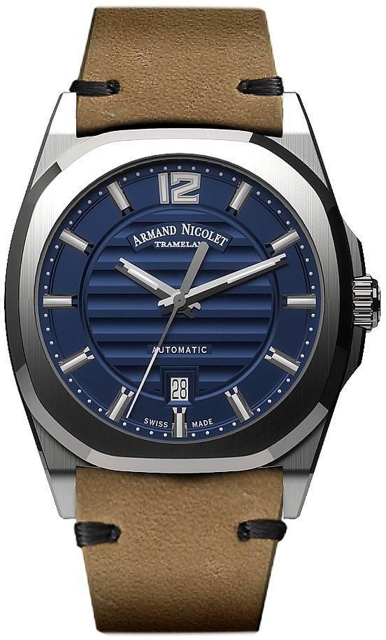 Armand Nicolet Tramelan J09 Automatic movement Blue Leather Male A660AAA-BU-PK4140CA.-.AN. A brand-new Armand Nicolet Tramelan watch featuring a Blue dial and a Leather strap. Side view.