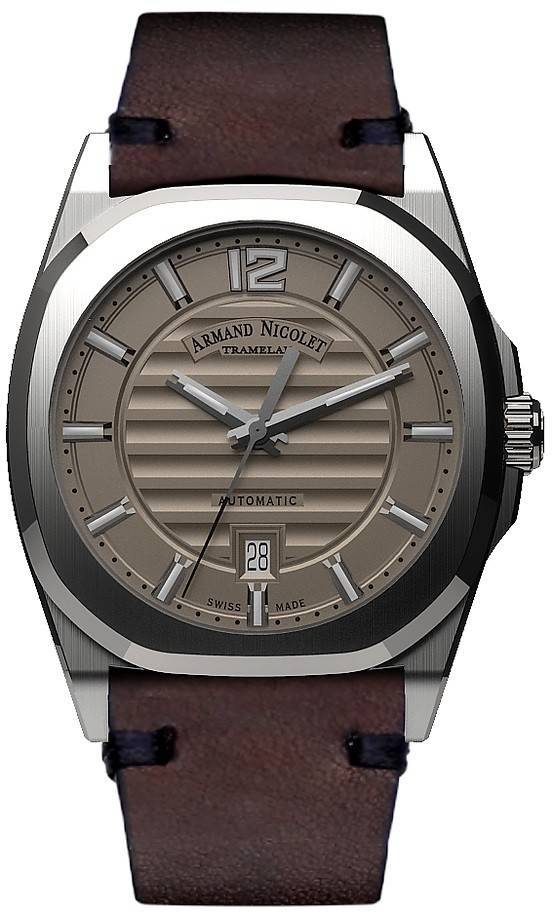 Armand Nicolet Tramelan J09 Automatic movement Grey Leather Male A660AAA-GR-PK4140TM.-.AN. A brand-new Armand Nicolet Tramelan watch featuring a Grey dial and a Leather strap. Angled view.