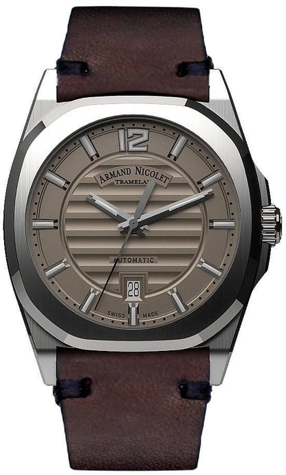 Armand Nicolet Tramelan J09 Automatic movement Grey Leather Male A660AAA-GR-PK4140TM.-.AN. A brand-new Armand Nicolet Tramelan watch featuring a Grey dial and a Leather strap. Angled view.