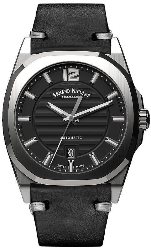 Armand Nicolet Tramelan J09 Automatic movement Black Leather Male A660AAA-NR-PK4140NR.-.AN. A brand-new Armand Nicolet Tramelan watch featuring a Black dial and a Leather strap. Side view.