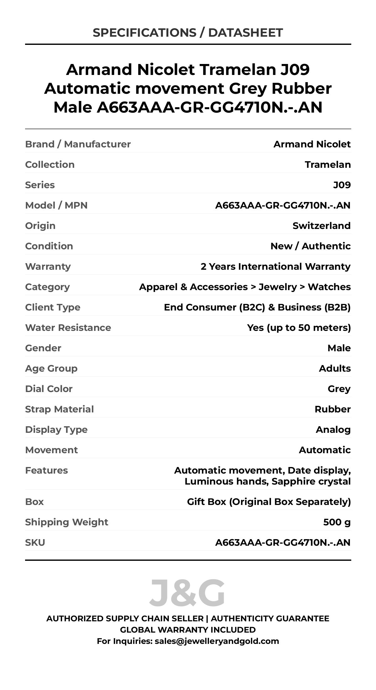 Armand Nicolet Tramelan J09 Automatic movement Grey Rubber Male A663AAA-GR-GG4710N.-.AN - Specifications