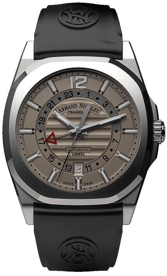 Armand Nicolet Tramelan J09 Automatic movement Grey Rubber Male A663AAA-GR-GG4710N.-.AN. A brand-new Armand Nicolet Tramelan watch featuring a Grey dial and a Rubber strap. Angled view.