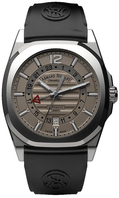 Armand Nicolet Tramelan J09 Automatic movement Grey Rubber Male A663AAA-GR-GG4710N.-.AN. A brand-new Armand Nicolet Tramelan watch featuring a Grey dial and a Rubber strap. Angled view.