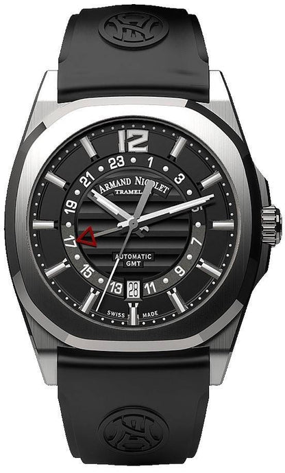 Armand Nicolet Tramelan J09 Automatic movement Black Rubber Male A663AAA-NR-GG4710N.-.AN. A brand-new Armand Nicolet Tramelan watch featuring a Black dial and a Rubber strap. Angled view.