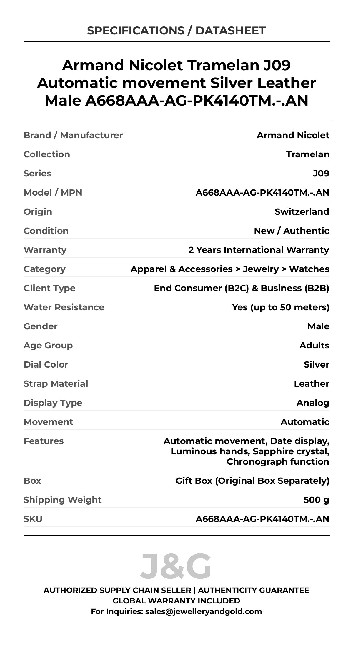 Armand Nicolet Tramelan J09 Automatic movement Silver Leather Male A668AAA-AG-PK4140TM.-.AN - Specifications