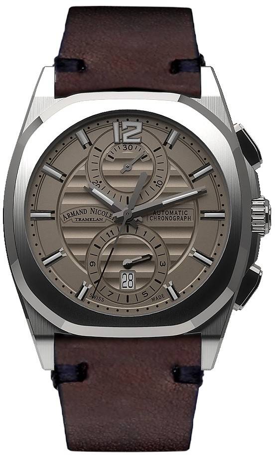 Armand Nicolet Tramelan J09 Automatic movement Grey Leather Male A668AAA-GR-PK4140TM.-.AN. A brand-new Armand Nicolet Tramelan watch featuring a Grey dial and a Leather strap. Front view.