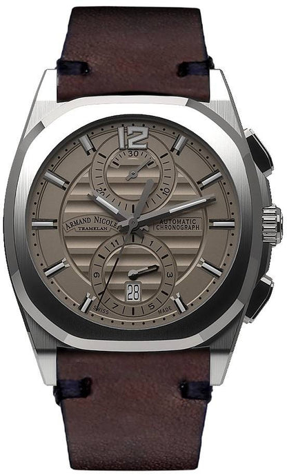 Armand Nicolet Tramelan J09 Automatic movement Grey Leather Male A668AAA-GR-PK4140TM.-.AN. A brand-new Armand Nicolet Tramelan watch featuring a Grey dial and a Leather strap. Front view.