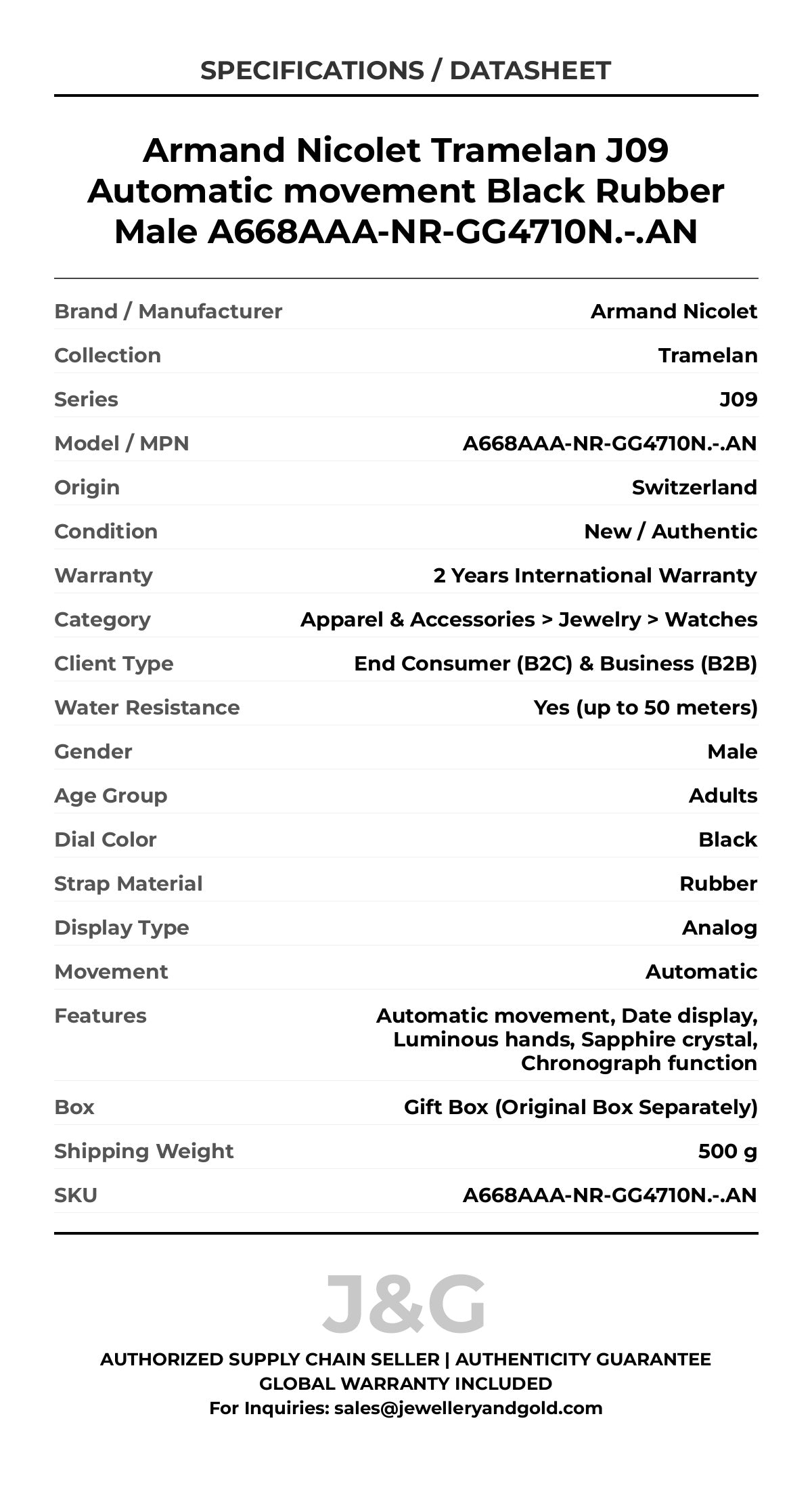 Armand Nicolet Tramelan J09 Automatic movement Black Rubber Male A668AAA-NR-GG4710N.-.AN - Specifications