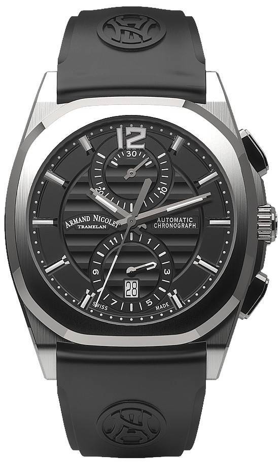 Armand Nicolet Tramelan J09 Automatic movement Black Rubber Male A668AAA-NR-GG4710N.-.AN. A brand-new Armand Nicolet Tramelan watch featuring a Black dial and a Rubber strap. Front view.