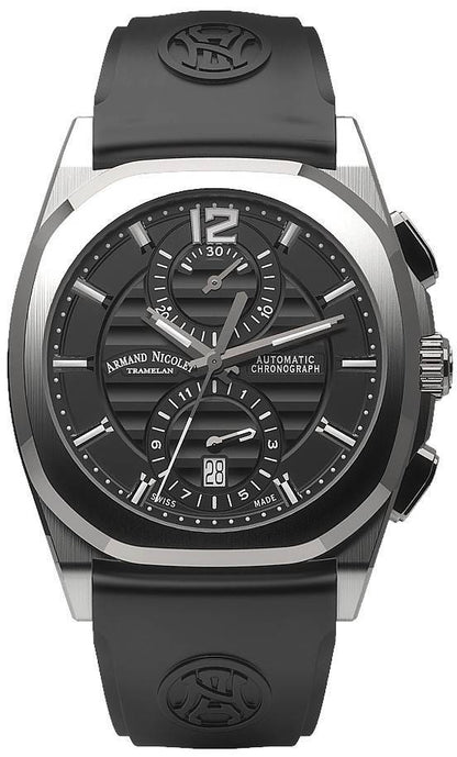 Armand Nicolet Tramelan J09 Automatic movement Black Rubber Male A668AAA-NR-GG4710N.-.AN. A brand-new Armand Nicolet Tramelan watch featuring a Black dial and a Rubber strap. Front view.