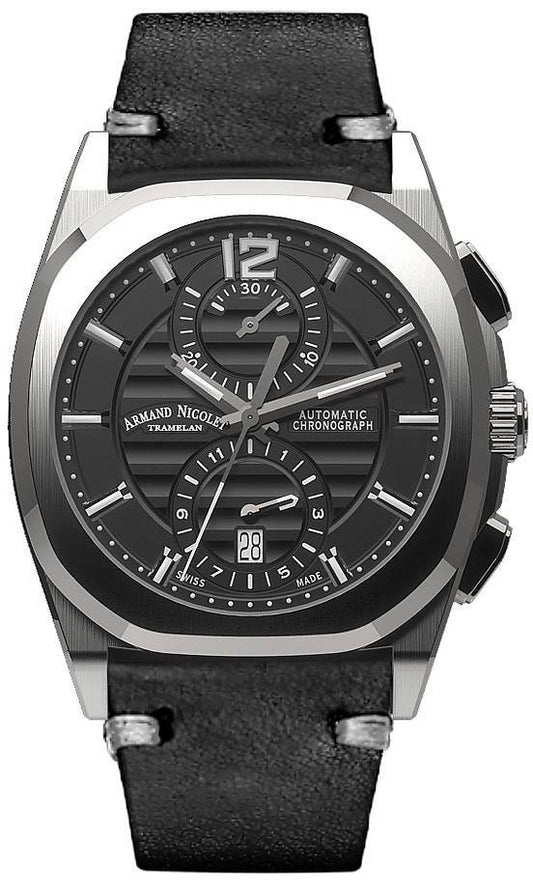 Armand Nicolet Tramelan J09 Automatic movement Black Leather Male A668AAA-NR-PK4140NR.-.AN. A brand-new Armand Nicolet Tramelan watch featuring a Black dial and a Leather strap. Angled view.