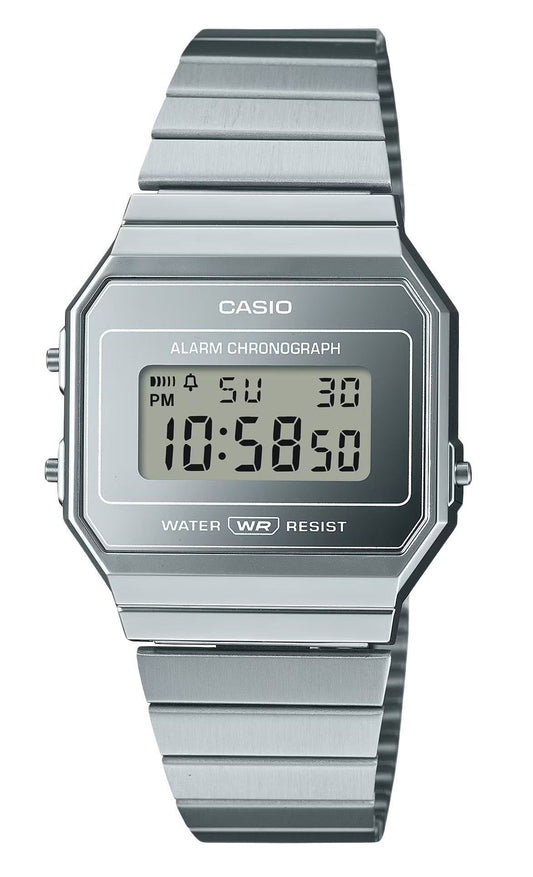 Casio Vintage Quartz movement Silver Stainless steel Male A700WEV-7A. A brand-new Casio Vintage watch featuring a Silver dial and a Stainless steel strap. Side view.