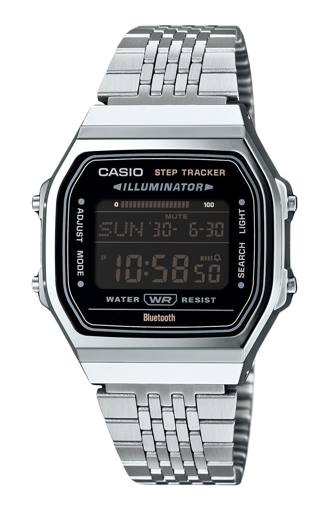 Casio Vintage Quartz movement Black Stainless steel Male ABL-100WE-1B. A brand-new Casio Vintage watch featuring a Black dial and a Stainless steel strap. Angled view.