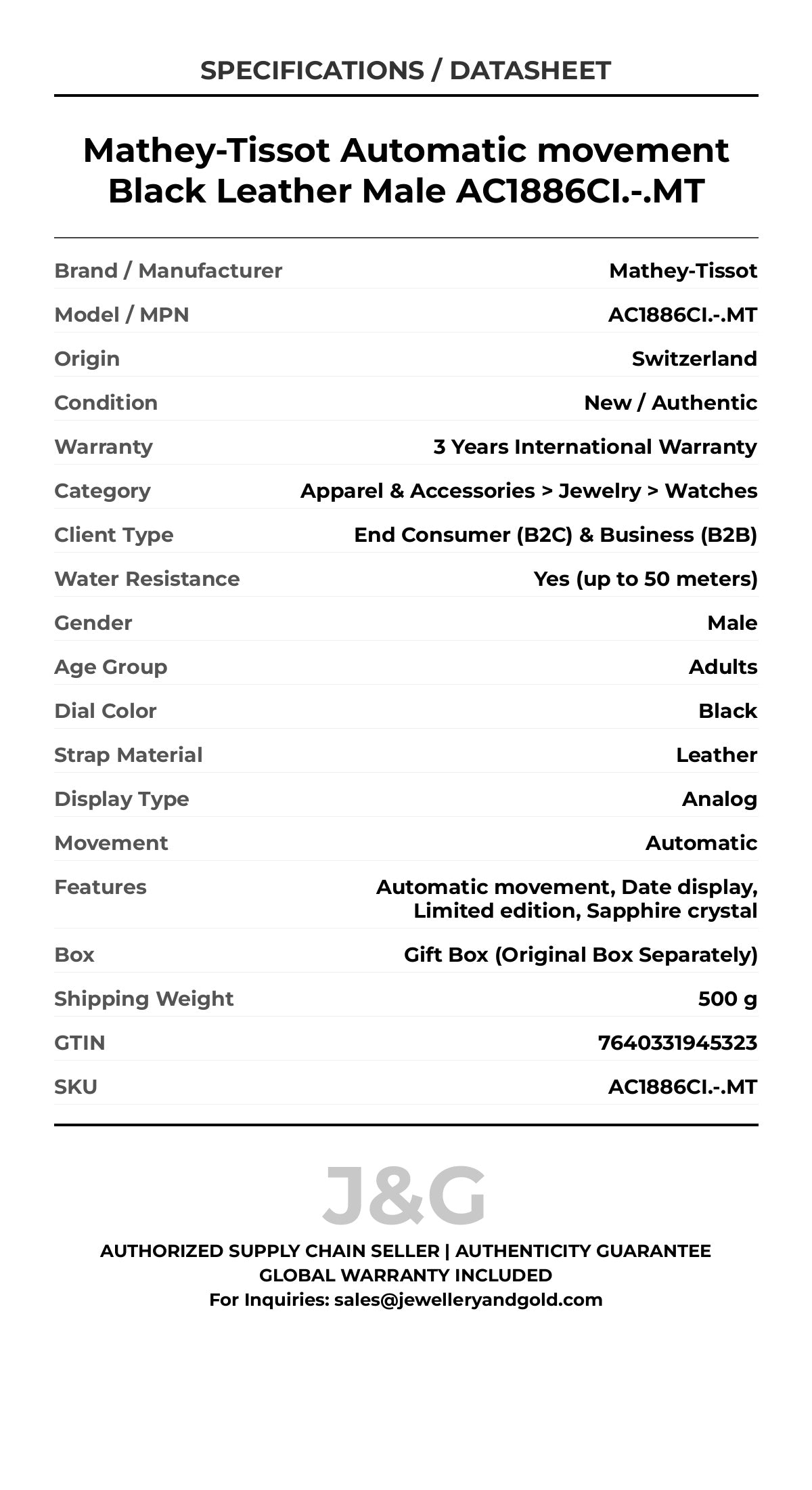 Mathey-Tissot Automatic movement Black Leather Male AC1886CI.-.MT - Specifications